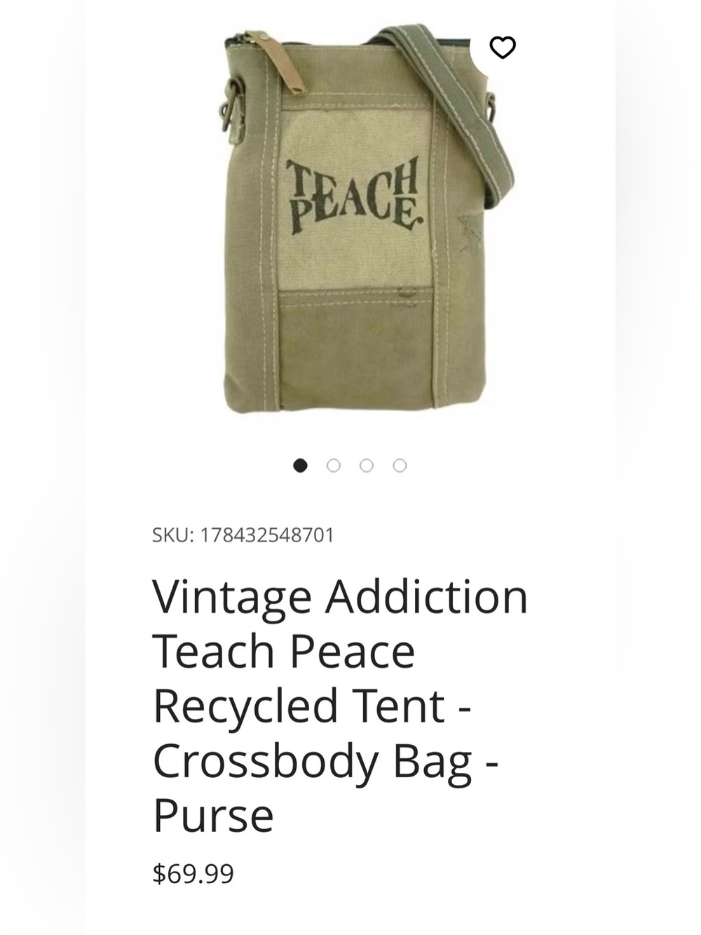BNWoT Teach Peace Recycled Tent Crossbody Bag - Olive